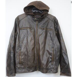 GUESS Men's XXL Vegan Leather Bomber Moto Biker Jacket Removable Hood